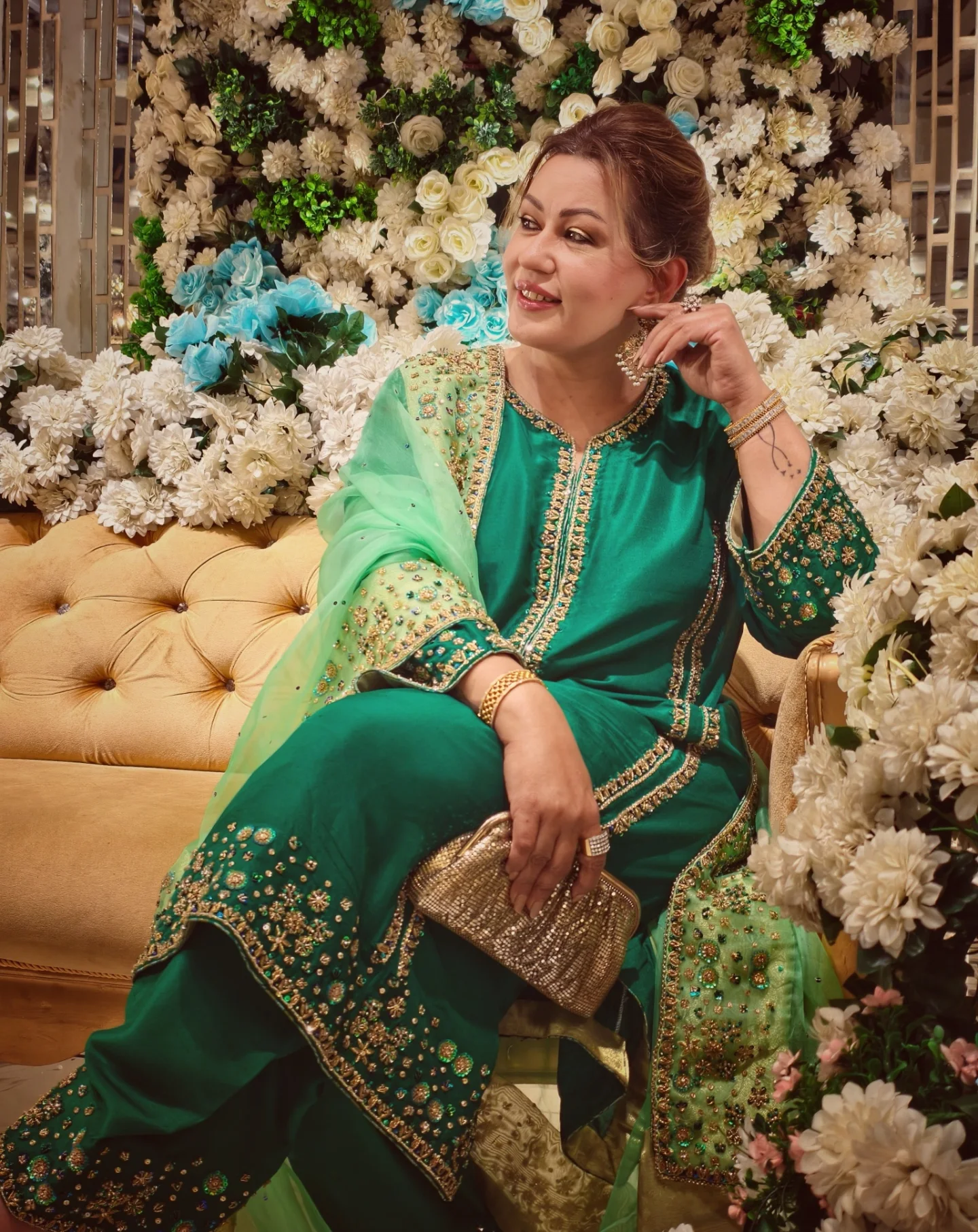 Sage from the Rangreza collection: emerald green embroidered suit
